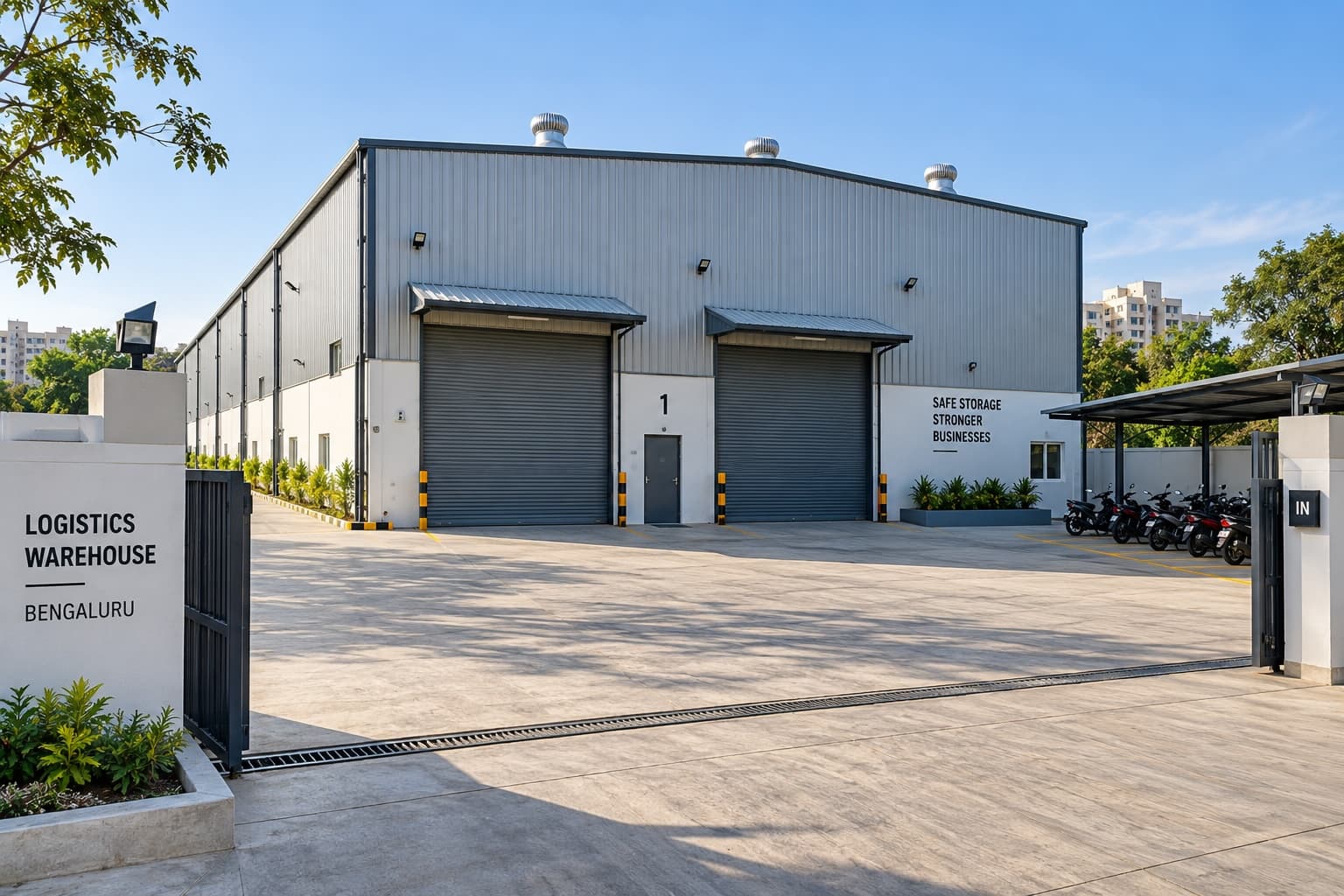 Warehouse built by PayPerSqft in Bangalore with two loading shutters, gated entry and two-wheeler parking