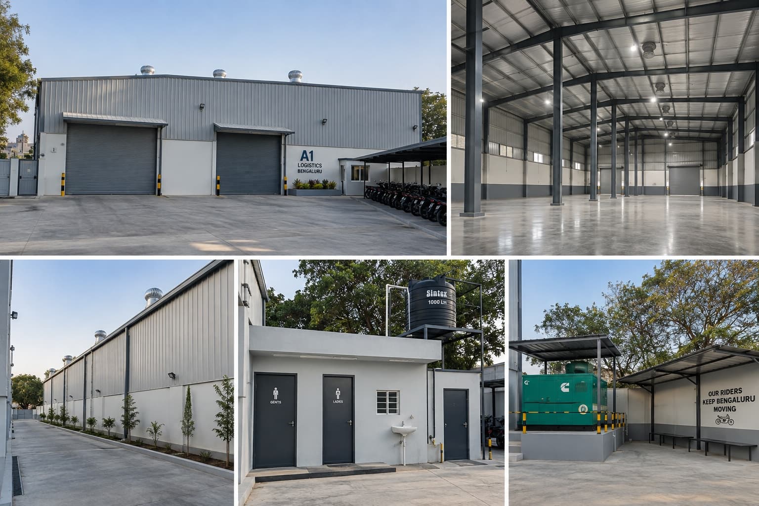 Dark-store-ready warehouse in Bangalore with rolling shutters, rider parking, toilet block and DG power backup